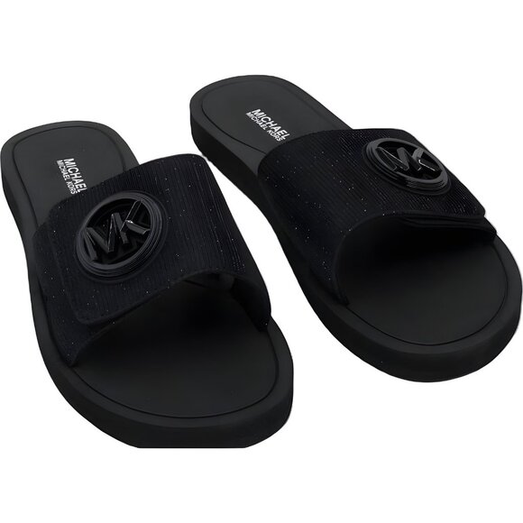 Michael Kors Logo-Charm Slide Sandals Black Slip-On Comfort Women's US 8M - Picture 1 of 6